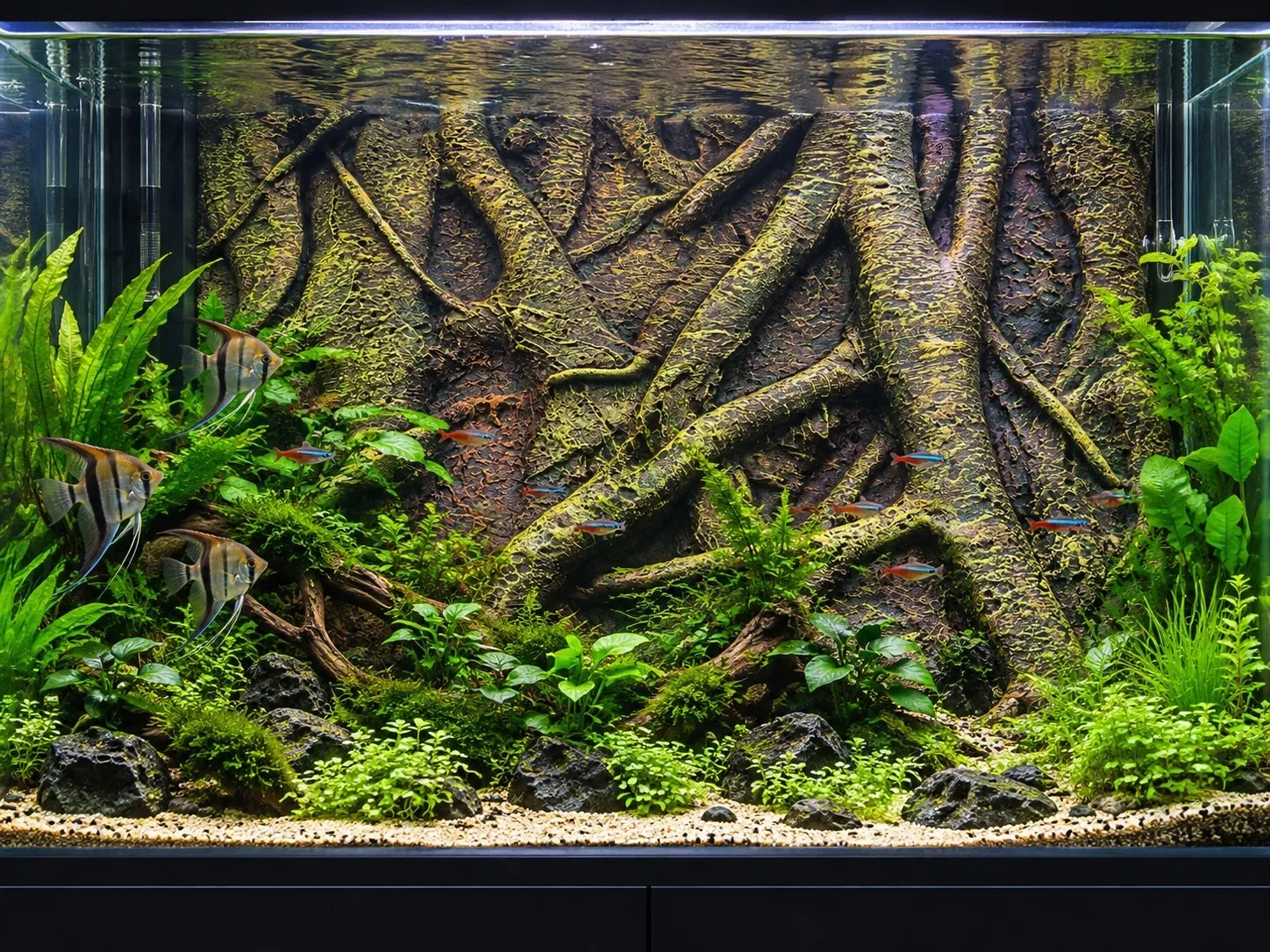 3D фон за аквариум Knotted Root – поставен в аквариум 3D фон за аквариум Knotted Root, поставен в засаден аквариум