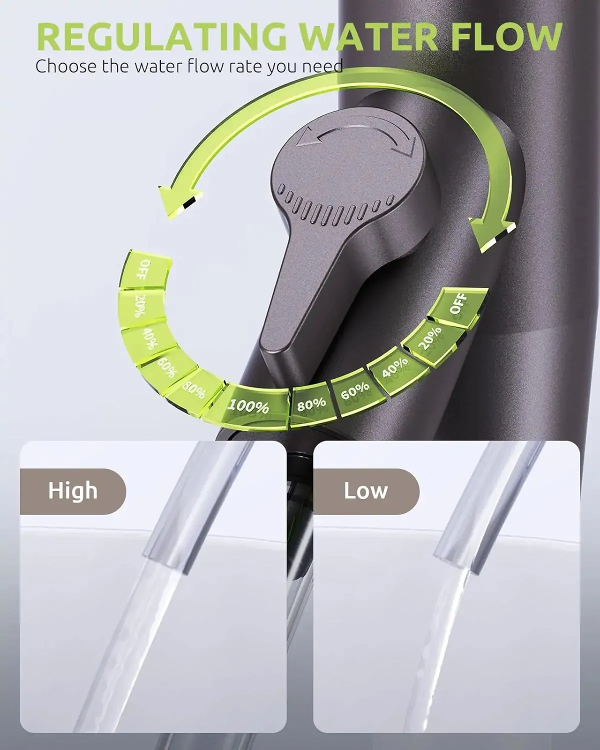 "Adjusting water flow in an aquarium siphon with flow levels displayed from high to low"