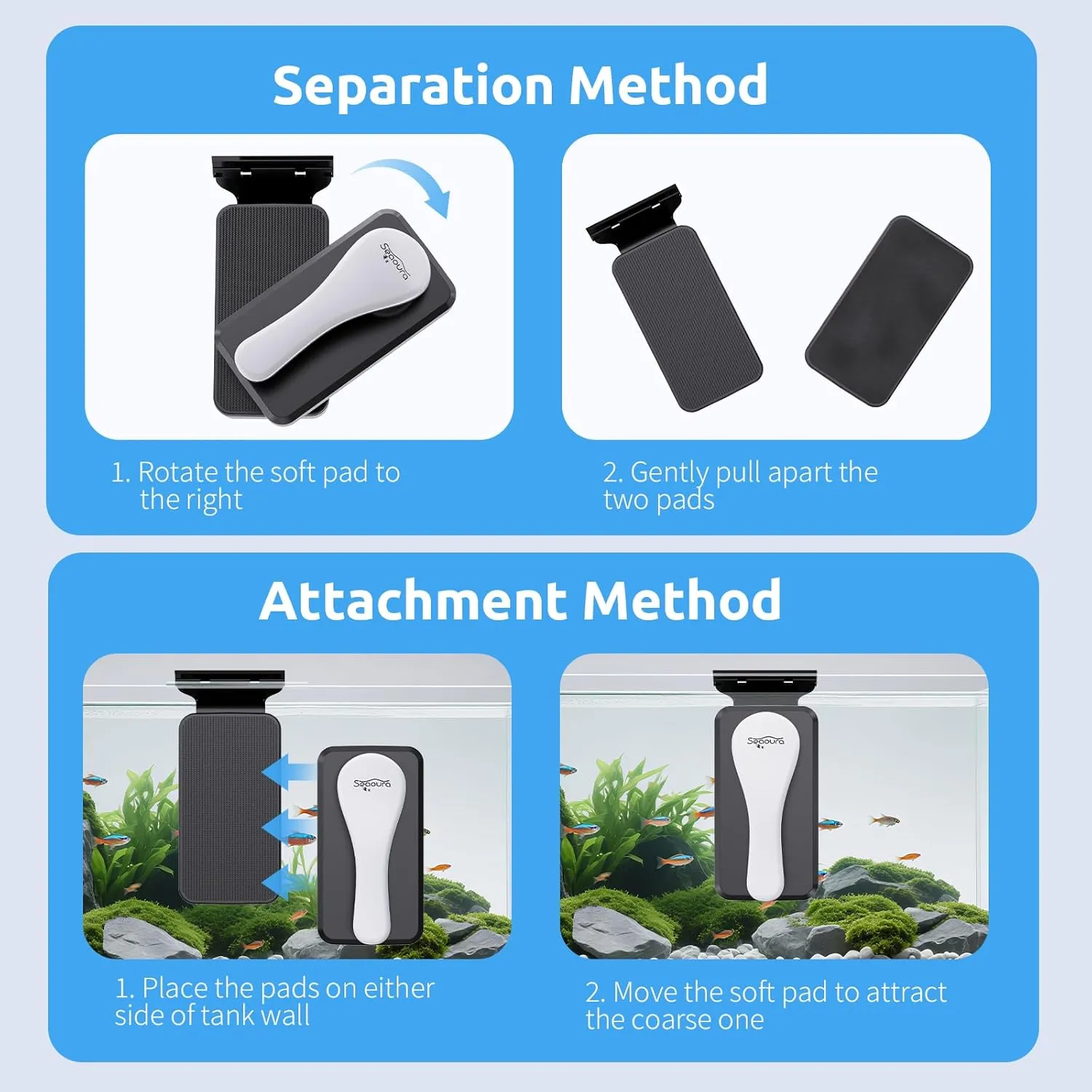 Step-by-step instructions for using Seaoura SR-510 magnetic aquarium glass cleaner