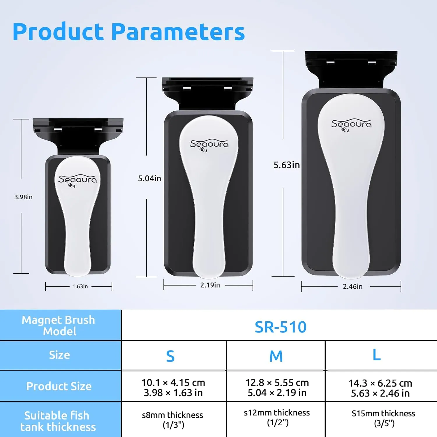 Seaoura SR-510 size comparison for different aquarium glass thicknesses