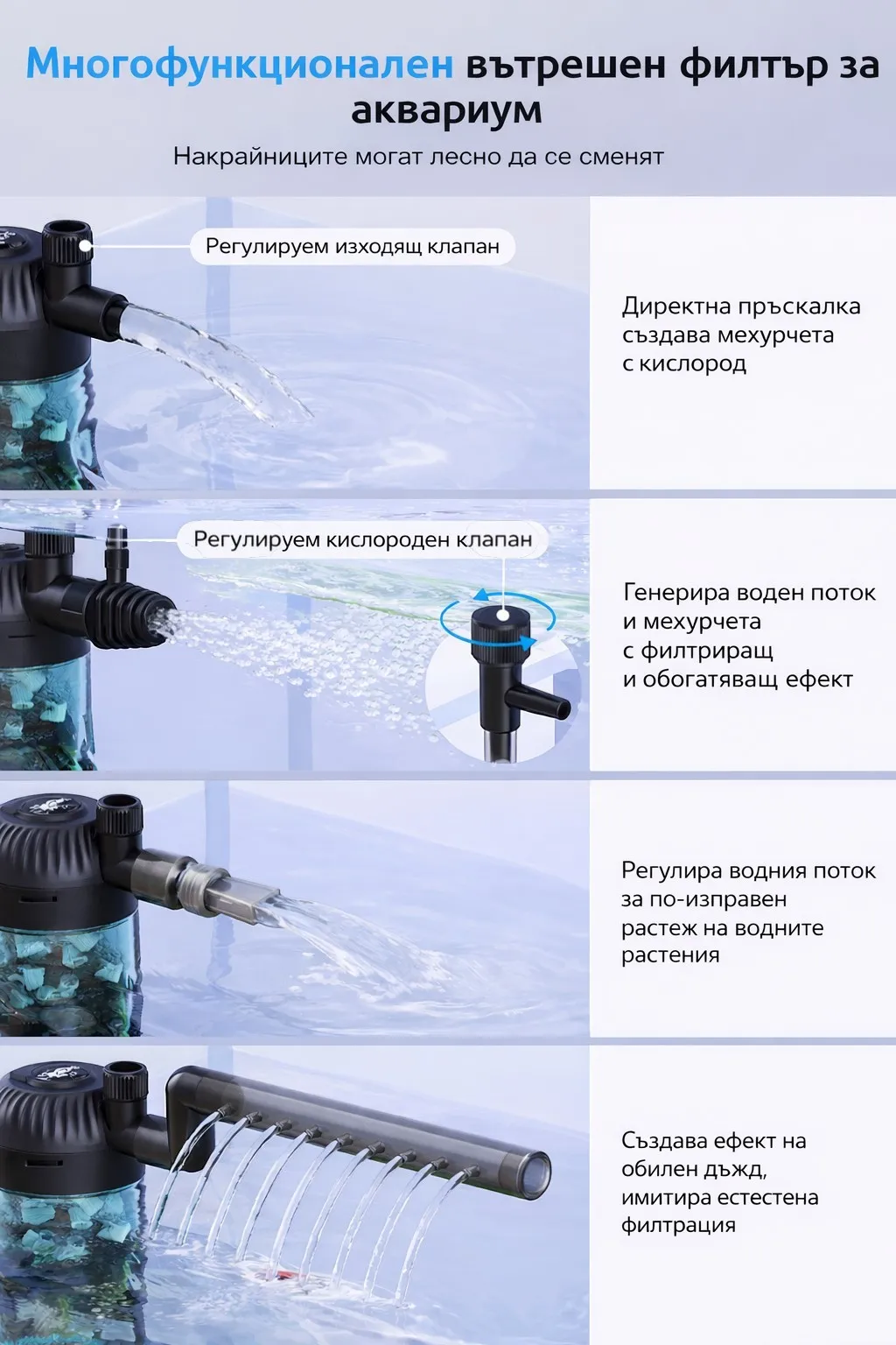 Многофункционален вътрешен филтър за аквариум с регулируем клапан и различни накрайници за поток и аерация