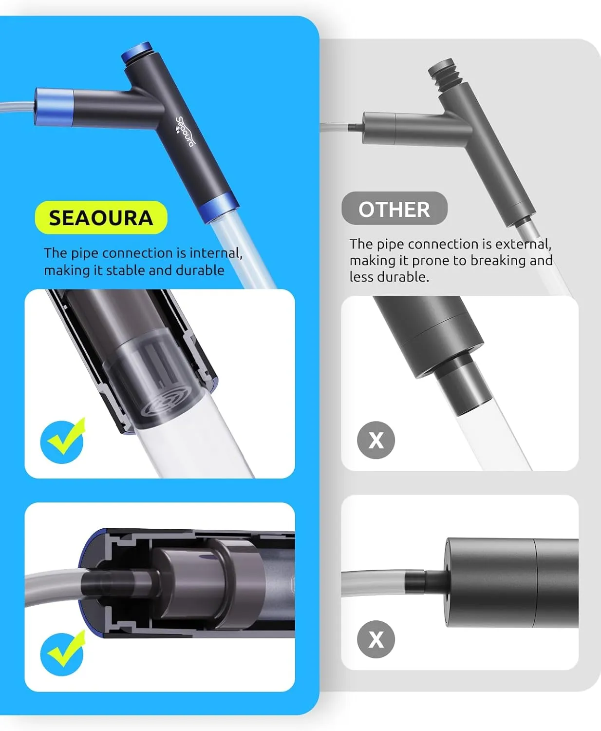 Comparison of the connection between the pipes of the Seaoura SR-528 aquarium siphon