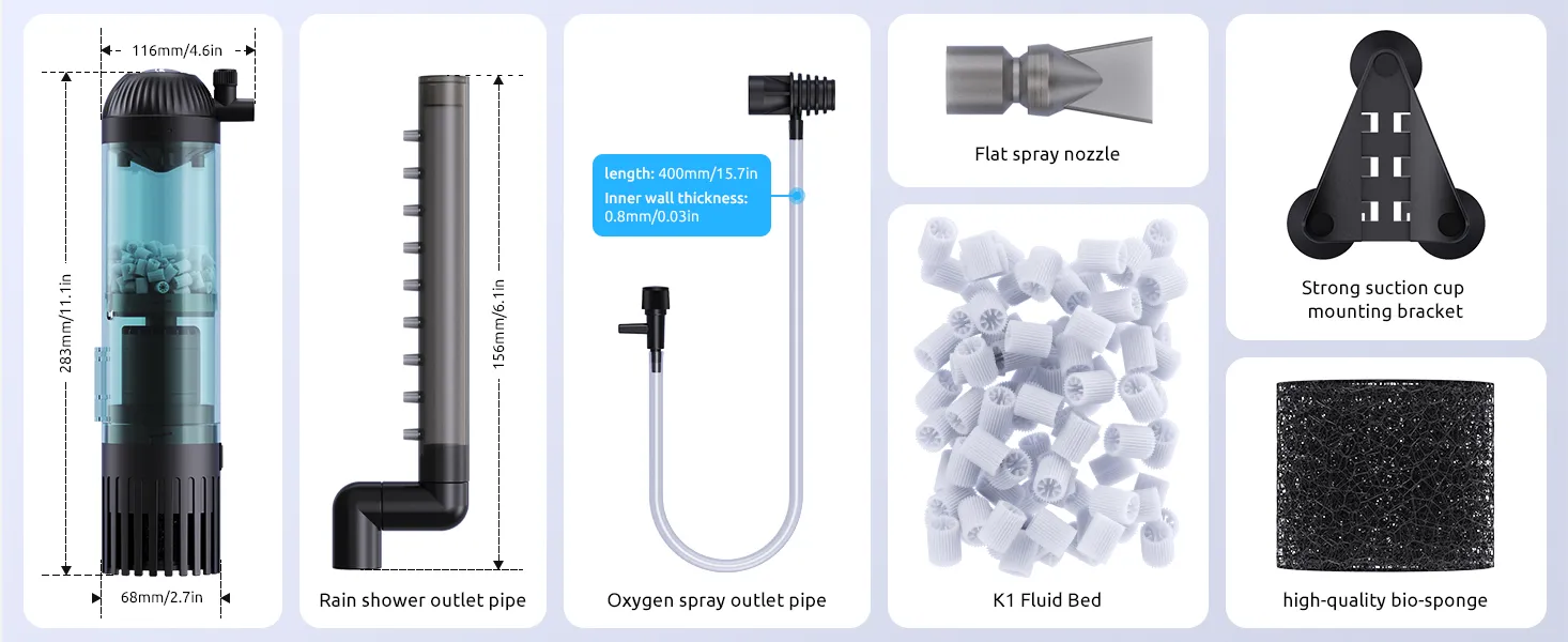 Complete Seaoura SR-701L aquarium filter set including K1 media, spray bar, aeration tube, nozzle and mounting bracket