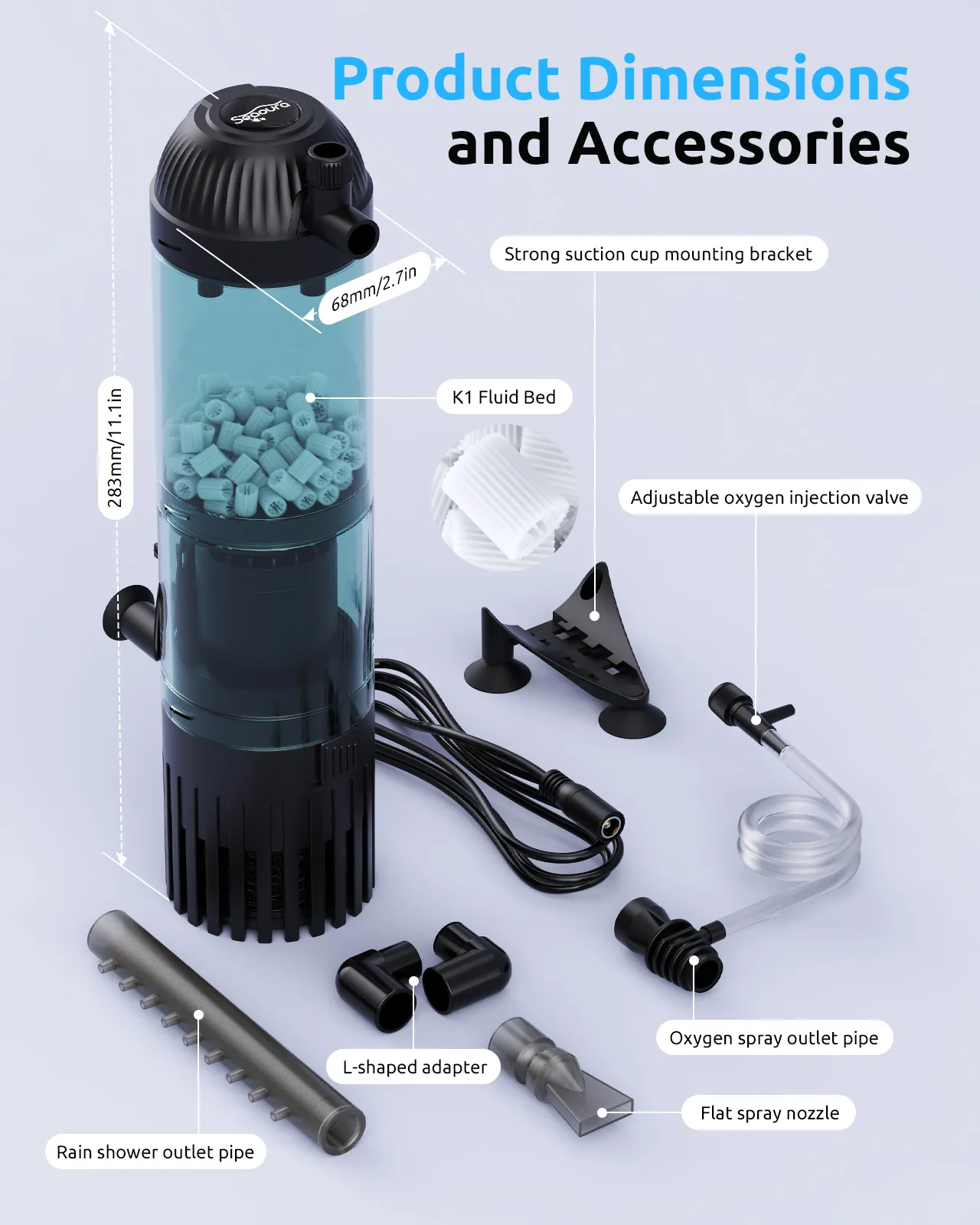 Seaoura SR-701L aquarium filter dimensions, K1 media, suction cup bracket, oxygen valve and accessories