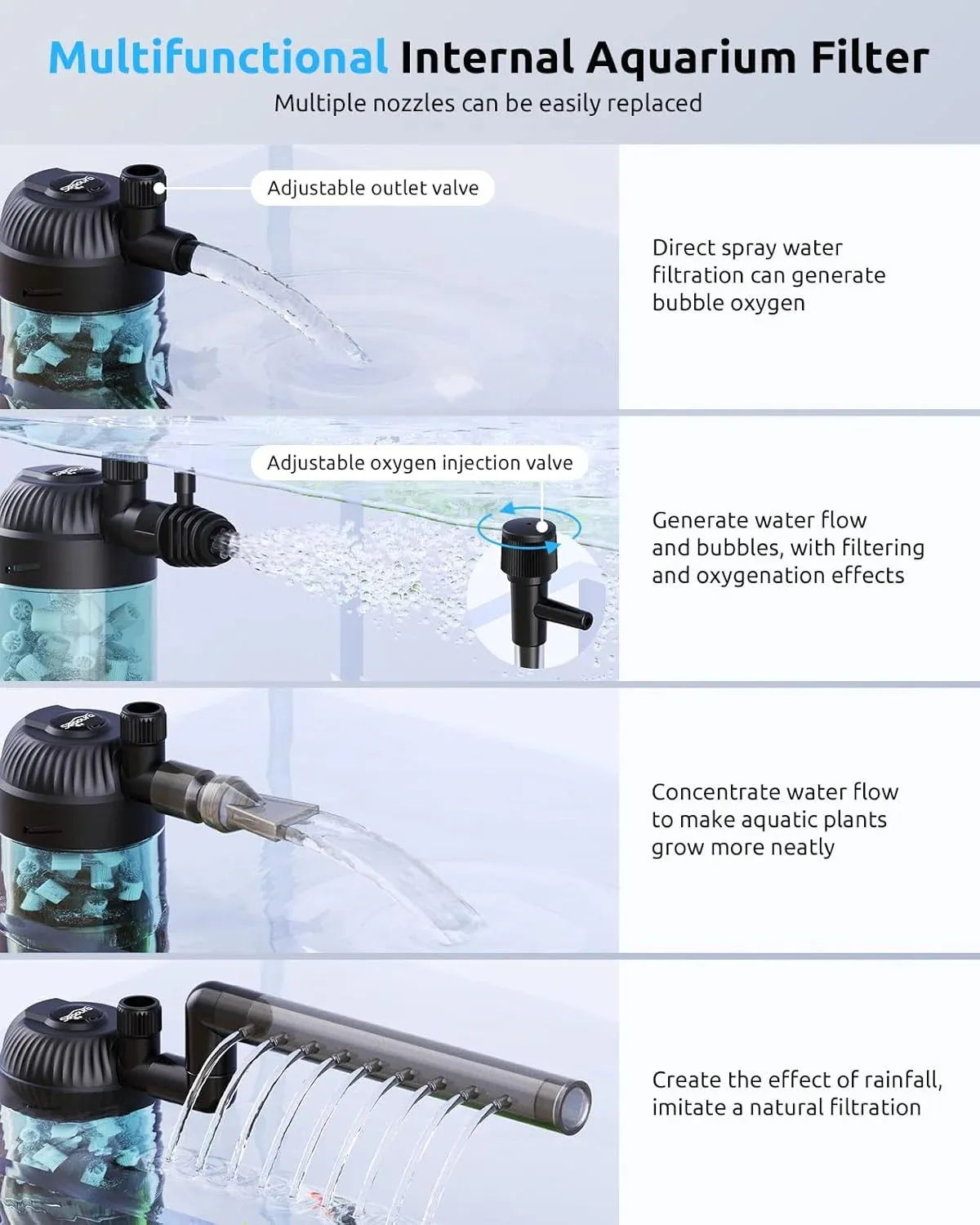 Multifunctional internal aquarium filter with adjustable valve and various nozzles for flow and aeration