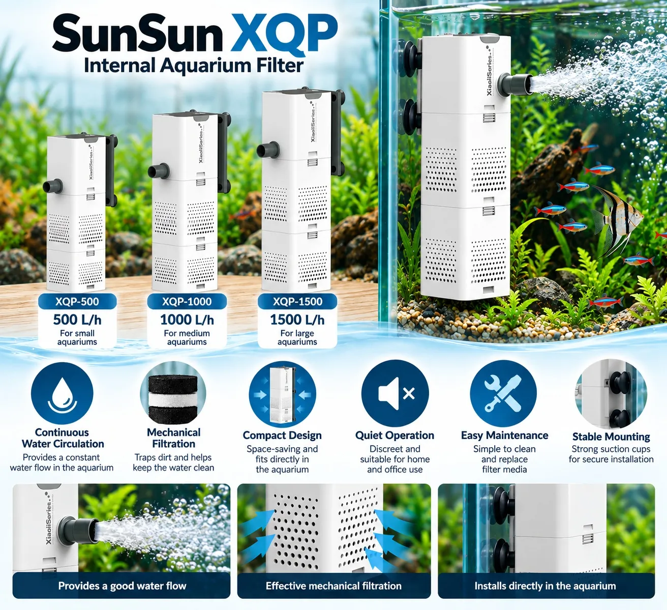 SunSun XQP internal aquarium filter with 500, 1000 and 1500 L/h flow options