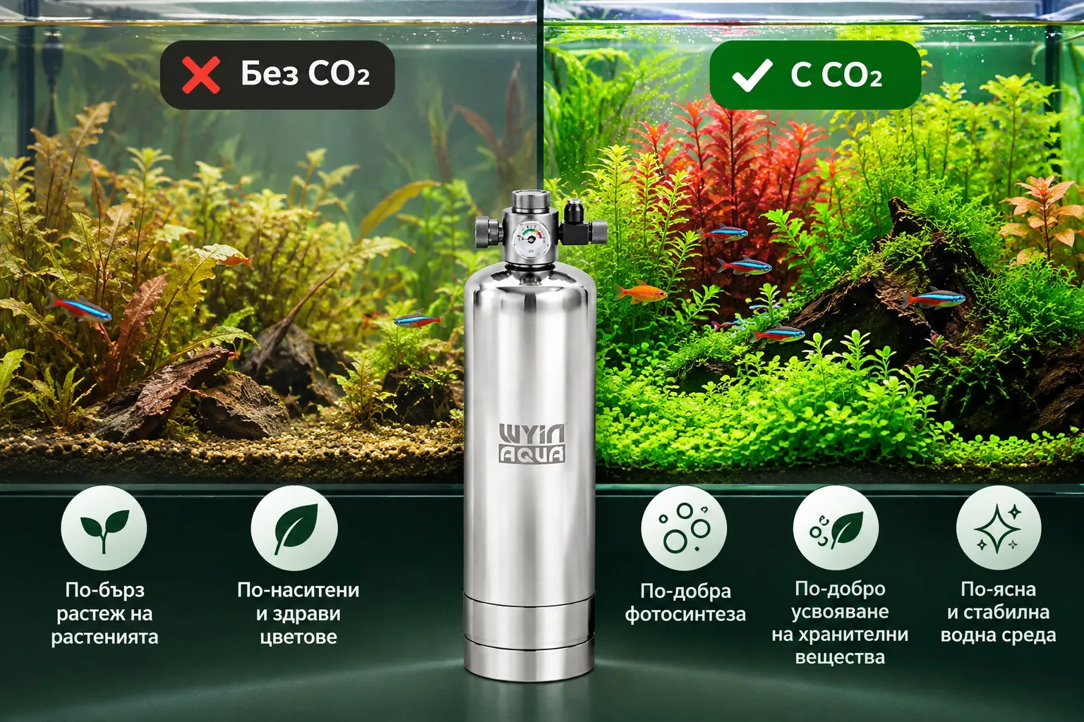Защо да използвате CO₂ генератор WYINAQUA 5L Предимства на CO₂ генератор WYINAQUA 5L за растителен аквариум
