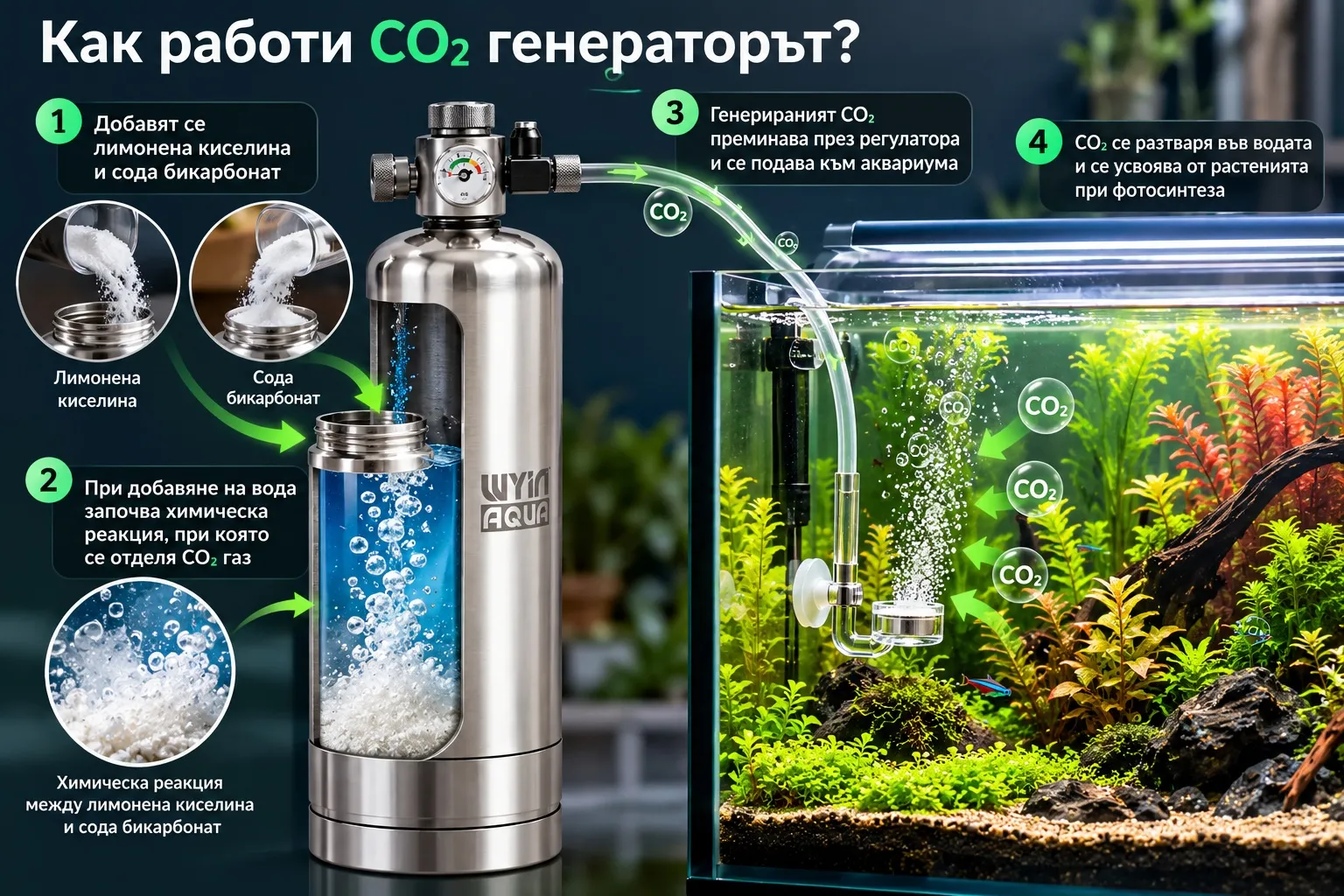 Как работи CO₂ генераторът WYINAQUA 5L Как работи CO₂ генератор WYINAQUA 5L с лимонена киселина и сода бикарбонат
