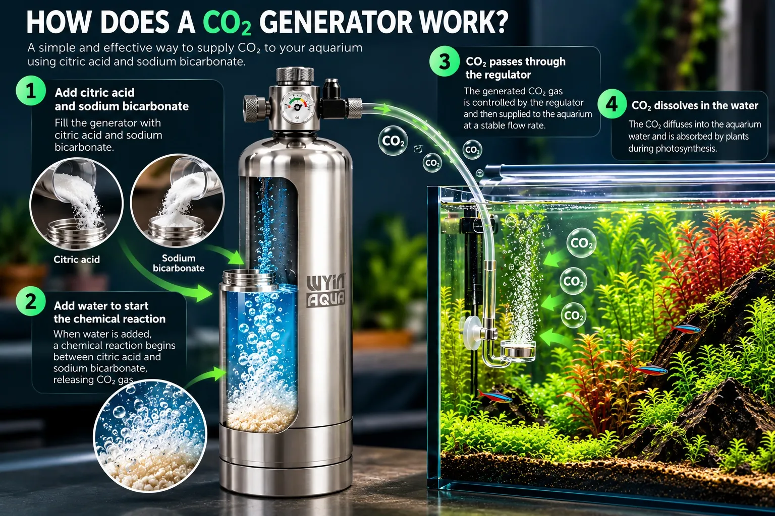 How the WYINAQUA 5L CO₂ generator works with citric acid and baking soda