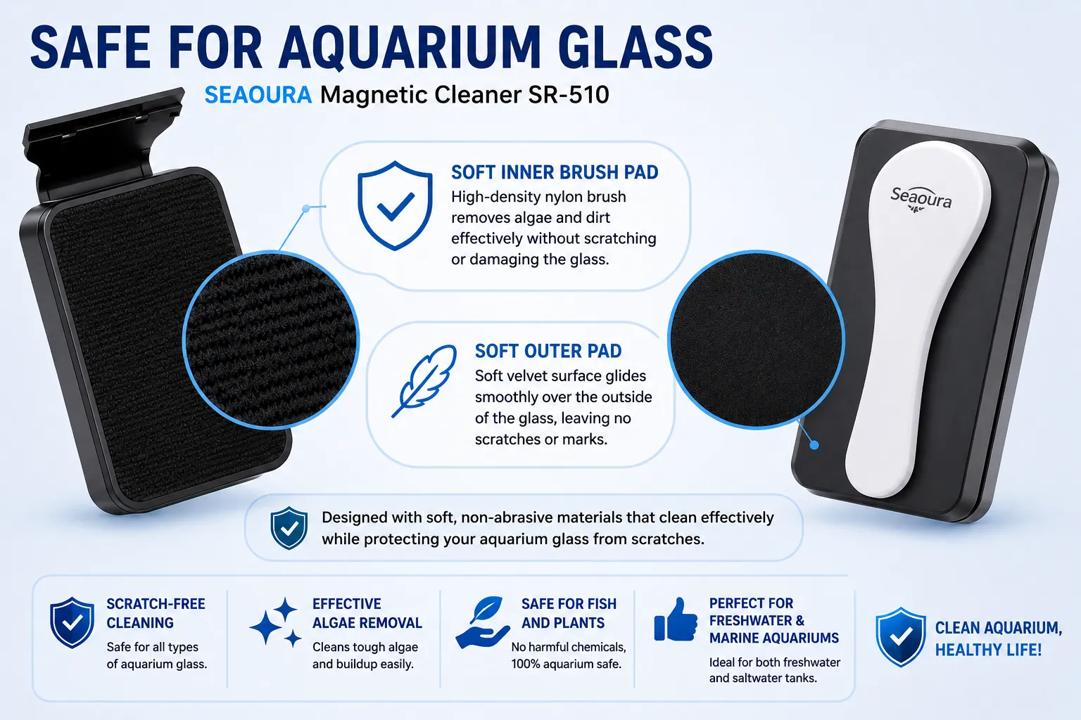 Soft cleaning surfaces designed to remove algae and dirt without scratching aquarium glass