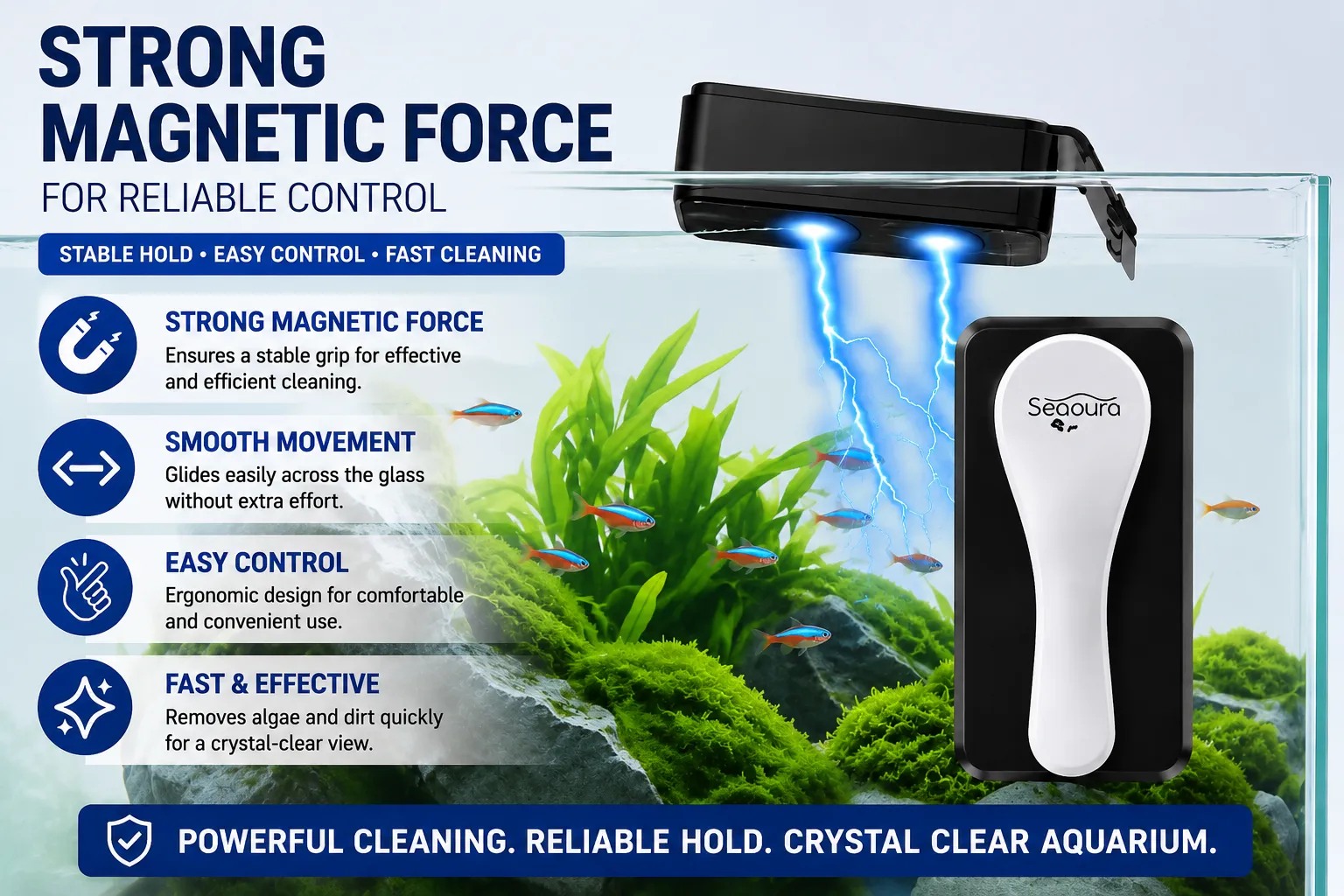 Strong magnetic force for stable and effective aquarium glass cleaning with Seaoura SR-510
