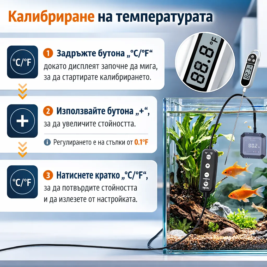 Калибриране на потопяем термометър за аквариум Seaoura SR-802 с дигитален дисплей