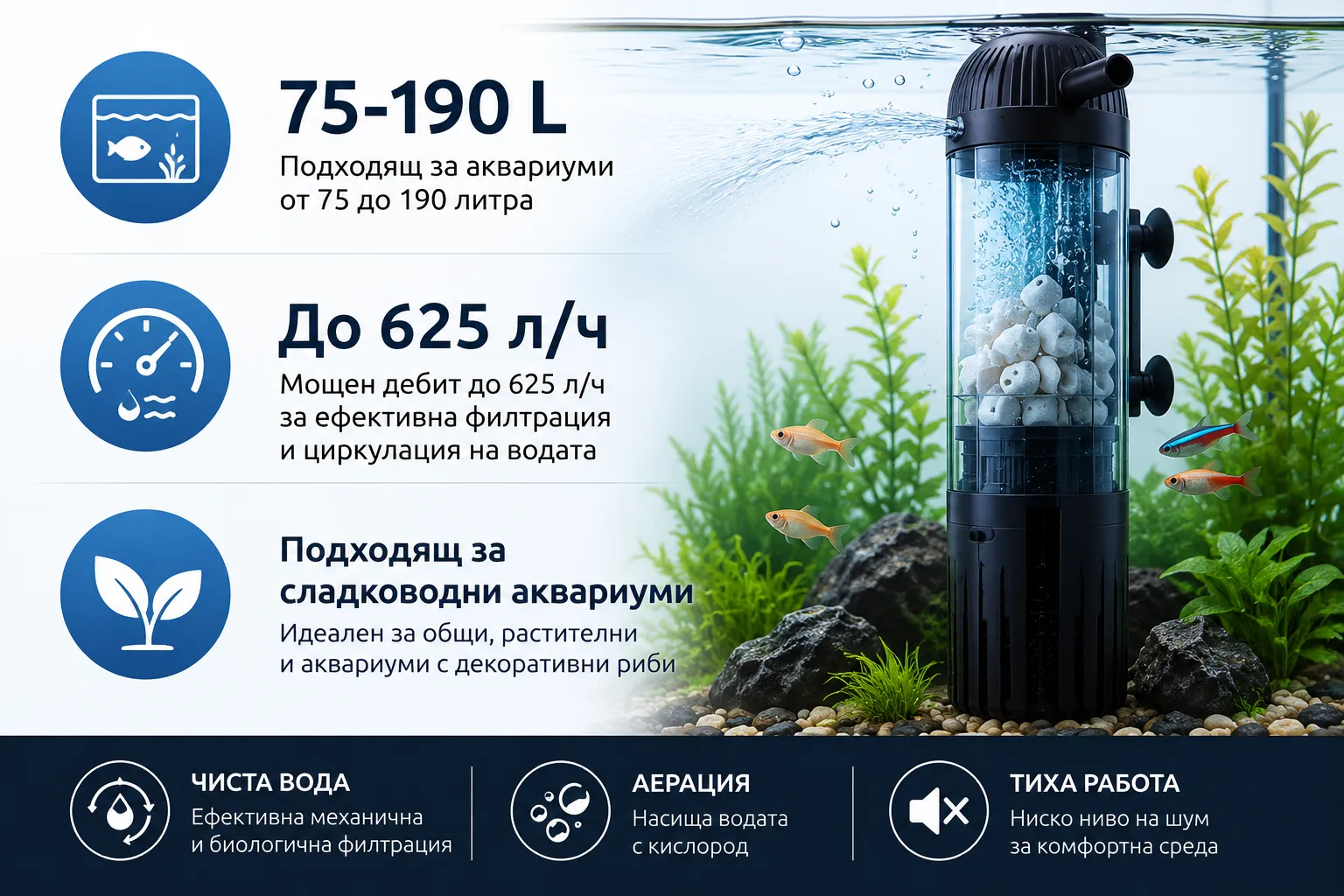 Вътрешен филтър Seaoura SR-701L за аквариуми от 75 до 190 литра